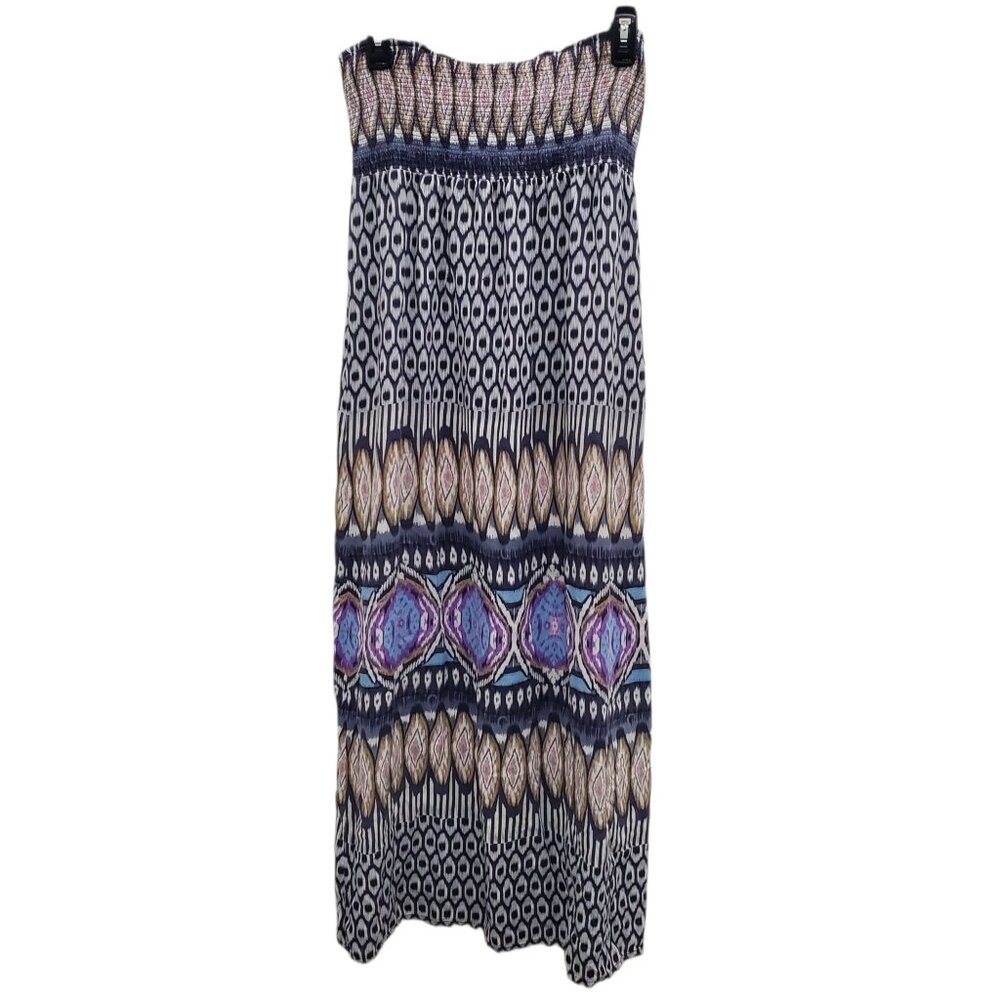 Lani Women's Tribal Print Smocked Strapless Keyhole Back Resort‎ Maxi Dress L
